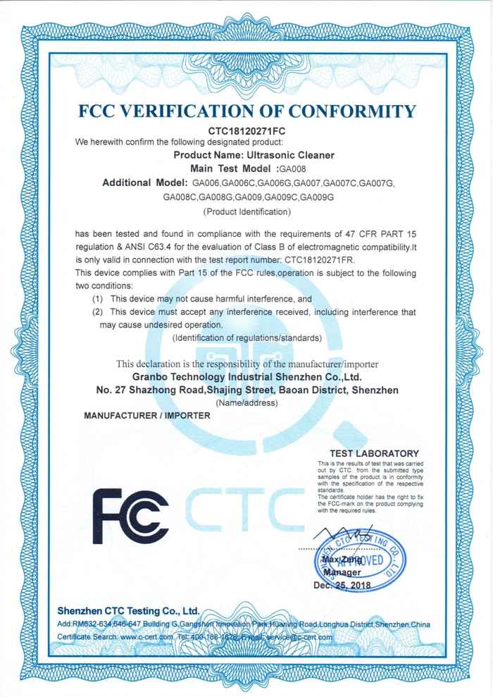 Export FCC Certification - Granbo Technology Industrial Shenzhen Co., Ltd.