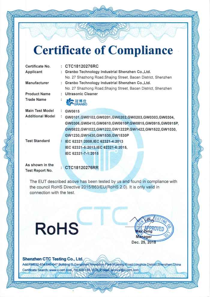 Export RoHS Certification - Granbo Technology Industrial Shenzhen Co., Ltd.